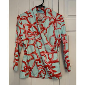 J. McLaughlin aqua and coral print Catalina stretch tunic top Medium